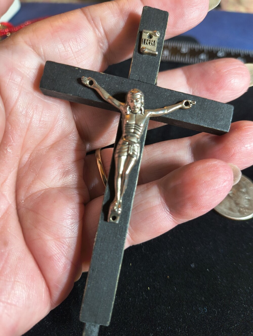 Pair Vintage Wooden Wall Crucifixes Catholic Christian INRI Crosses Mid-Century - Picture 9 of 13